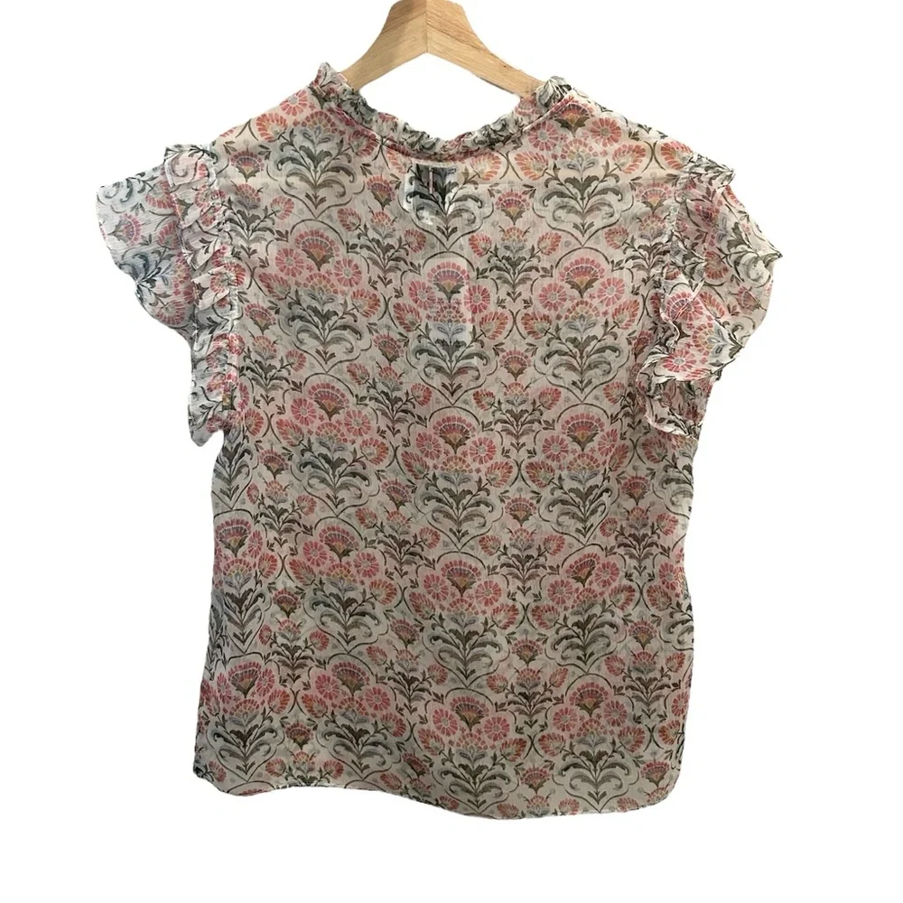 MISA Basia Sheer Chiffon Blockprint Flutter Sleeve Tassel Tie Split Neck Top - Picture 4 of 7